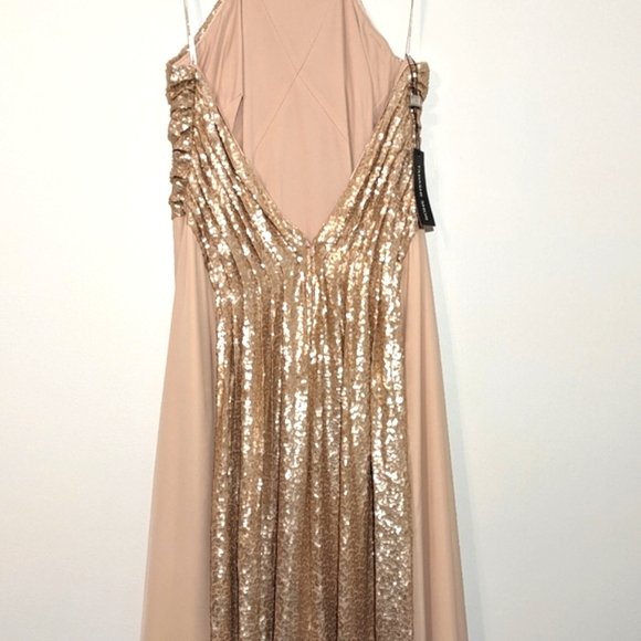 NWT Tadashi Shoji Champagne Halter Sequin Crepe Maxi Gown Dress Size 16 - Picture 10 of 16